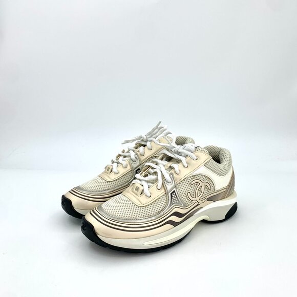 Chanel Beige & Gold Double C Logo Mesh Lace-Up Sneakers Size 39 - Picture 1 of 8